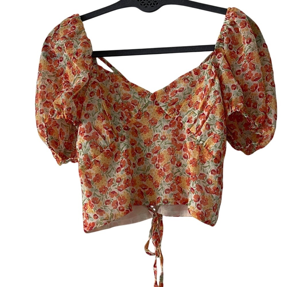 Promesa‎ Floral Puff-Sleeve Crop Top Yellow & Orange Medium NWT